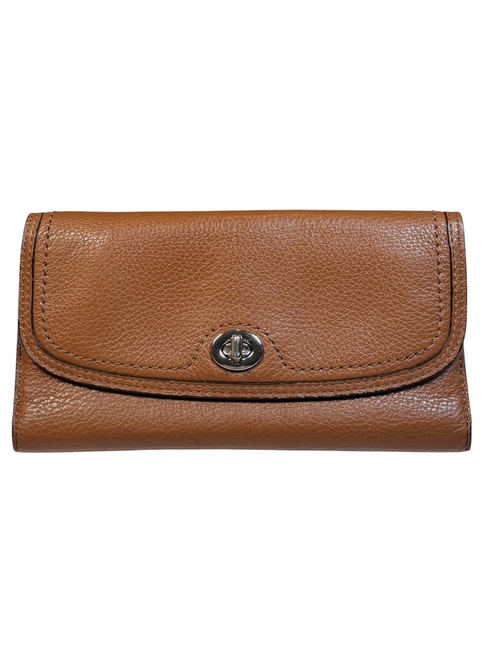 Coach Brown Tan Pebbled Leather Silver Turn Lock Tri-Fold Long Large Wallet